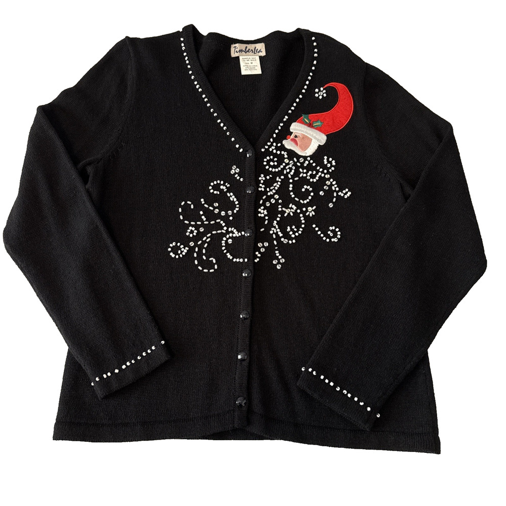 Vtg Timberlea Women's M Beaded‎ Whimsical Santa Cardigan Sweater Christmas Party